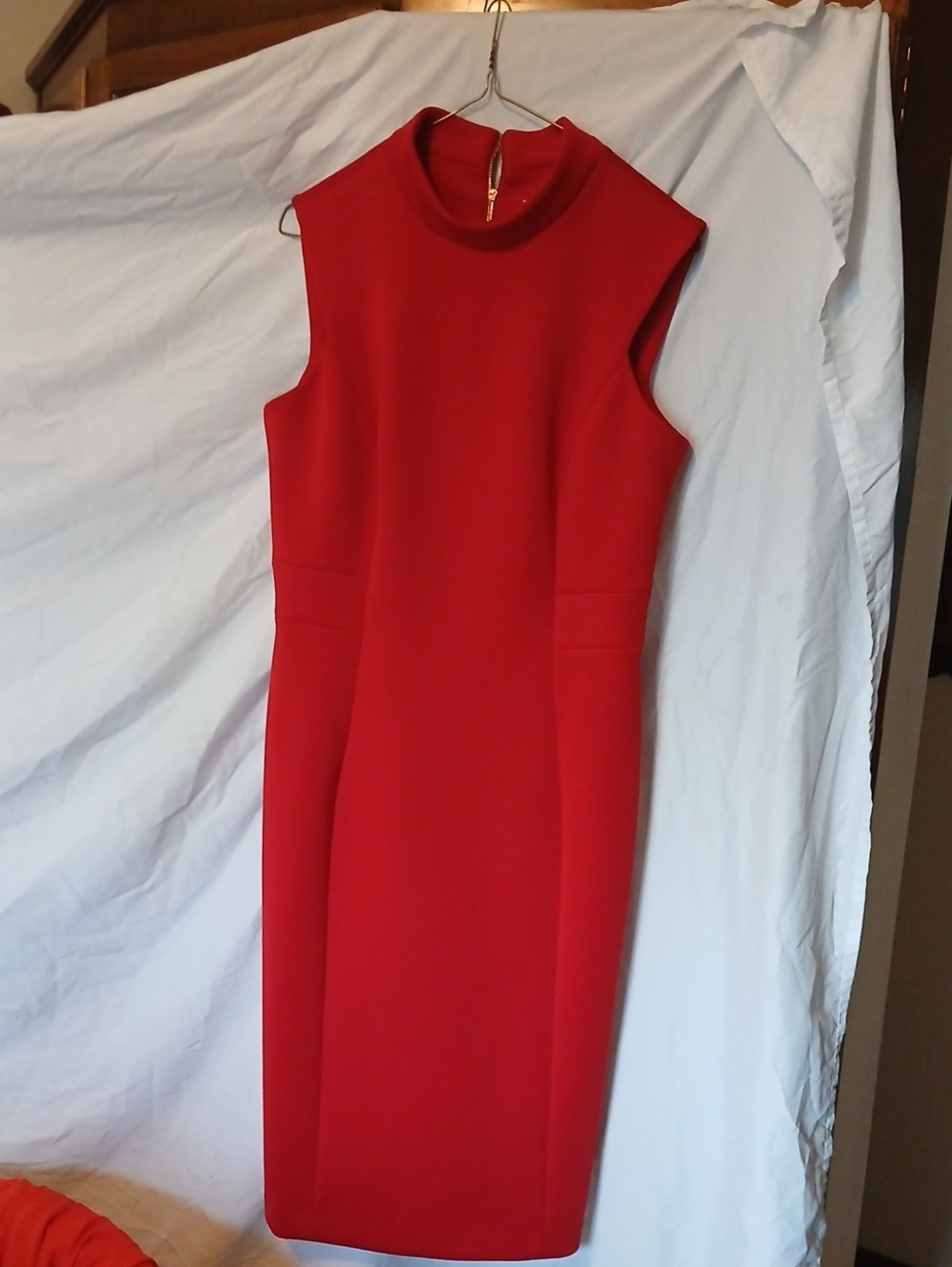 Calvin Klein Sleeveless Red Midi Sheath Dress with High Neck